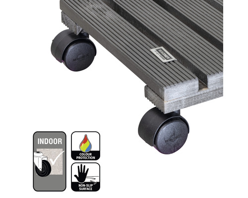 Pflanzenroller aus Holz für Innenräume mit Rollen und den Symbolen Indoor, Farbschutz und rutschfeste Oberfläche.