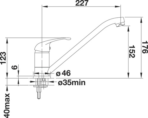 Technische Zeichnung einer Küchenarmatur mit Maßen.