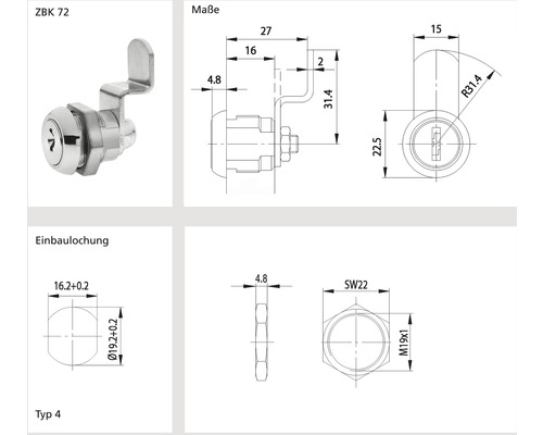 Technische Zeichnung eines Schrankschlosses ZBK 72 mit Maßangaben