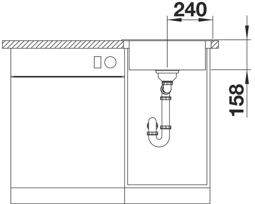 Produktzeichnung einer Spüle mit den Maßen 240 mal 158 Millimeter.