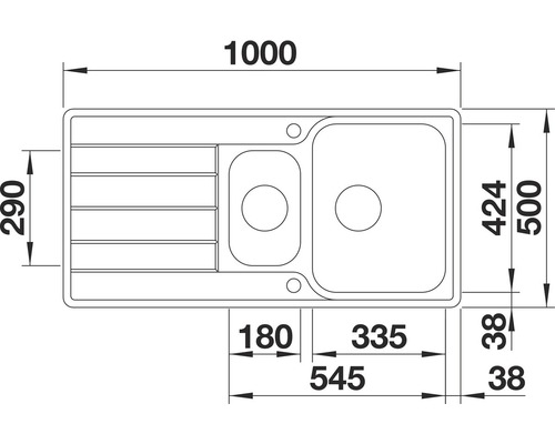 Technische Zeichnung einer Spüle mit Maßangaben