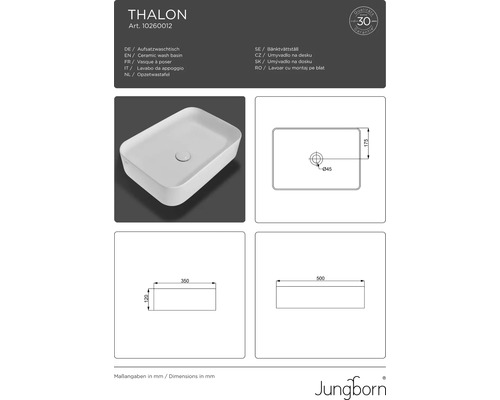 Thalon Aufsatzwaschtisch aus Keramik mit Maßangaben