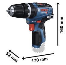 Abbildung eines Akku-Bohrschraubers mit Maßangaben.