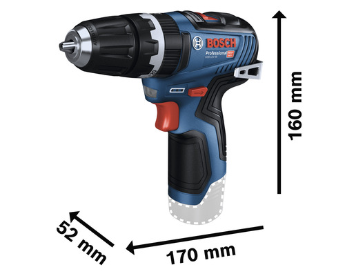 Abbildung eines Akku-Bohrschraubers mit Maßangaben.