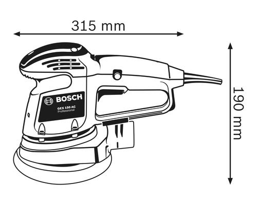 Bosch GEX 150 AC Professional Exzenterschleifer mit den Maßen 315 mm Länge und 190 mm Höhe