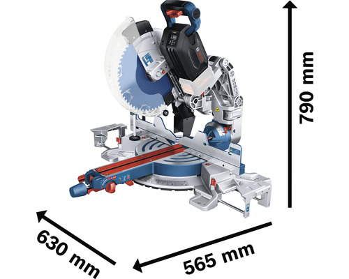 Kapp- und Gehrungssäge mit Abmessungen 630 mm x 565 mm x 790 mm