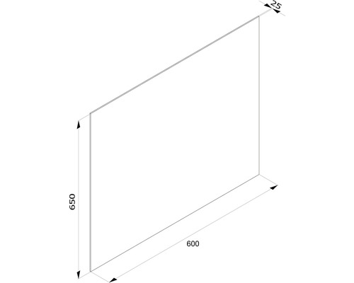 Skizze einer Platte mit den Maßen 650 x 600 x 25 Millimeter