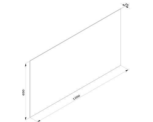 Technische Zeichnung einer Platte mit den Maßen 1200 x 650 x 25 mm