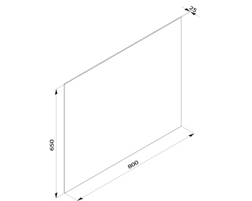 Technische Zeichnung einer Platte mit den Maßen 800 x 650 x 25 mm