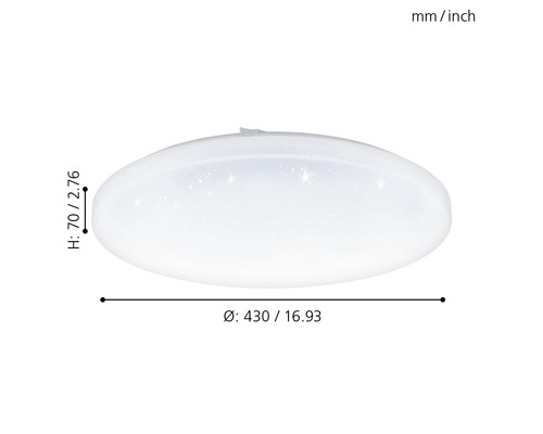 Abbildung einer Deckenleuchte mit den Maßen Durchmesser 430 Millimeter und Höhe 70 Millimeter.