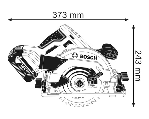 Abbildung einer Handkreissäge mit Maßangaben: 373 mm Länge und 243 mm Höhe.