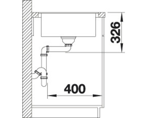 Zeichnung einer Spüle mit Ablaufgarnitur und Maßangaben 400 und 326.