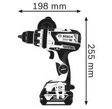 Abbildung eines Akku-Bohrschraubers mit Maßangaben: 198 mm Breite, 255 mm Höhe