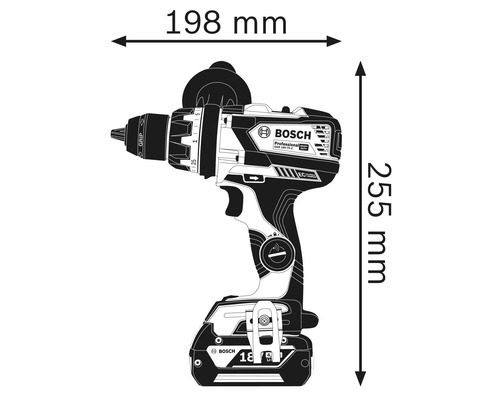 Abbildung eines Akku-Bohrschraubers mit Maßangaben: 198 mm Breite, 255 mm Höhe