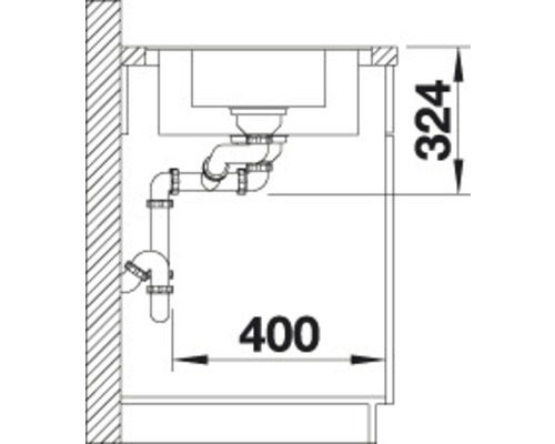 Schema einer Spüle mit einem Siphon und den Massangaben 324 und 400.