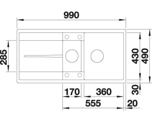 Technische Zeichnung einer Küchenspüle mit Maßangaben