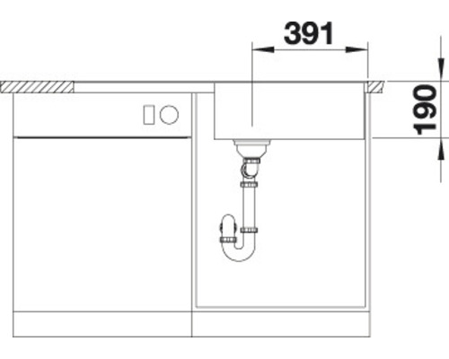 Zeichnung einer Spüle mit den Maßen 391 und 190
