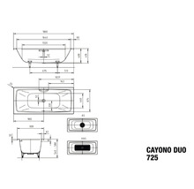 Technische Zeichnung einer Cayono Duo 725 Badewanne mit Maßen
