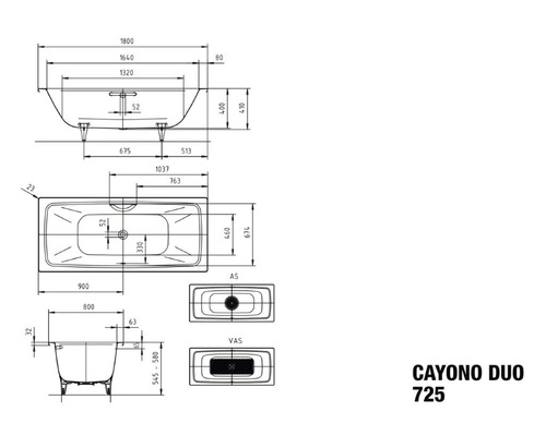 Technische Zeichnung einer Cayono Duo 725 Badewanne mit Maßen