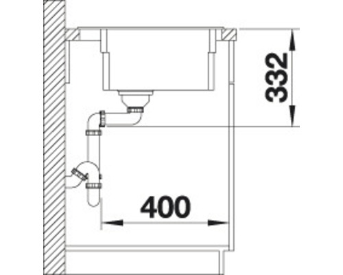 Technische Zeichnung eines Spülbeckens mit Abfluss und Maßangaben