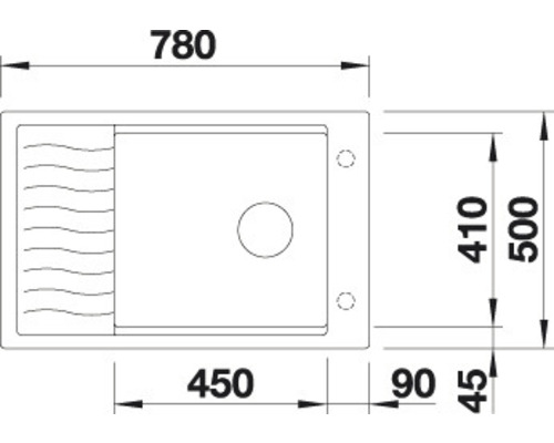 Zeichnung eines Waschbeckens mit den Maßen 780 x 500 mm