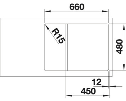 Technische Zeichnung einer Spüle mit den Maßen 660 x 480 mm