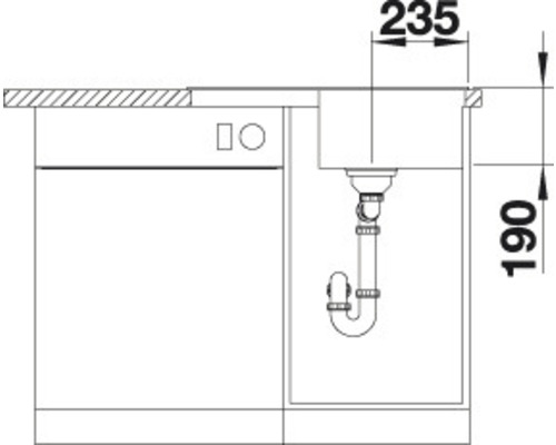 Skizze einer Küchenspüle mit Maßangaben für die Installation