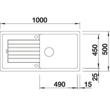 Technische Zeichnung einer Küchenspüle mit Maßangaben.