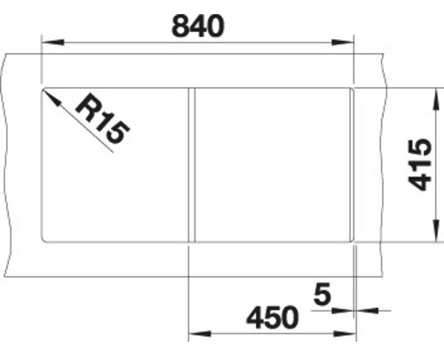 Technische Zeichnung mit Maßangaben für ein rechteckiges Produkt, Länge 840, Breite 415
