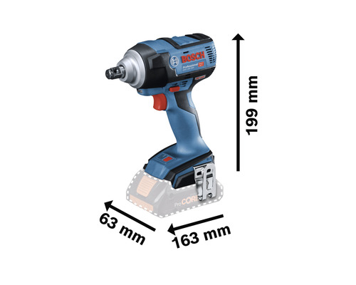 Bosch Professional Akku-Drehschlagschrauber mit den Maßen 199 mm Höhe, 63 mm Breite und 163 mm Länge
