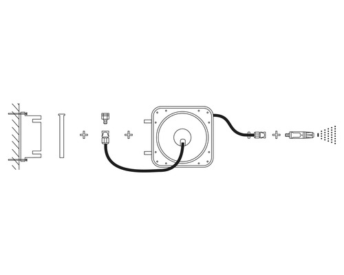 Explosionszeichnung einer Gartenschlauchbox mit Wandhalterung und Sprühkopf