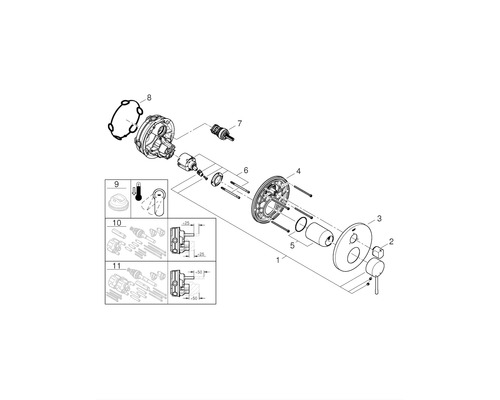 Explosionszeichnung einer Armatur mit Einzelteilen