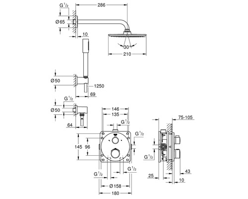 Technische Zeichnung eines Duschsystems mit Maßen.