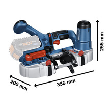Bosch Akku-Bandsäge mit den Maßen 355 mm Länge, 200 mm Breite und 255 mm Höhe.