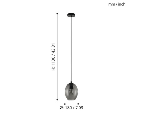 Hängeleuchte mit grauer Glasschirm und den Maßen 1100 mal 180 Millimeter.