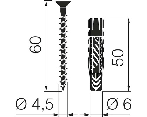 Technische Zeichnung einer Schraube mit Dübel und Maßangaben