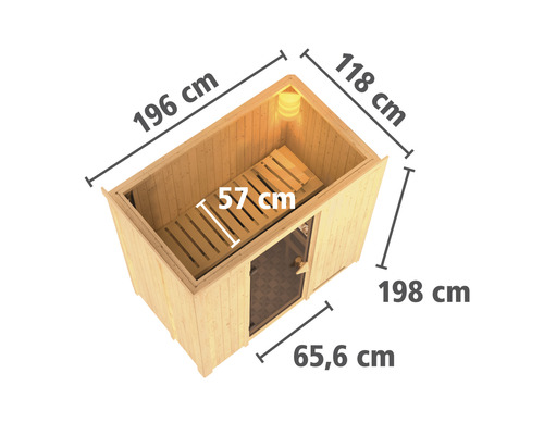 Sauna mit Abmessungen 196 cm Länge, 118 cm Breite und 198 cm Höhe