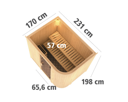 Elementsauna Karibu Korall IV inkl. 9 kW Ofen u.integr.Steuerung ohne Dachkranz mit graphitfarbiger Ganzglastüre