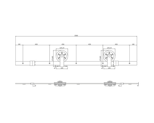 Technische Zeichnung des Schiebetürsystems mit Maßen.