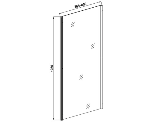 Technische Zeichnung einer Duschwand mit den Maßen 1950, 785 bis 800