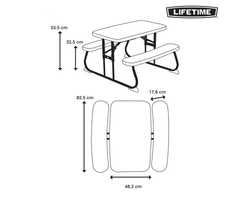 Abbildung eines Picknicktisches mit Maßangaben und Lifetime Logo.