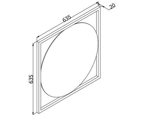 Technische Zeichnung eines quadratischen Spiegels mit den Maßen 635 x 635 mm und einer Rahmenstärke von 20 mm.