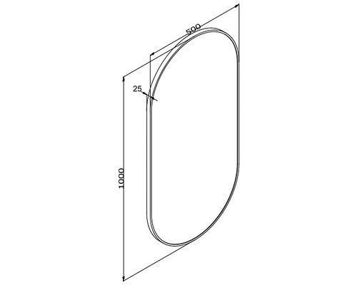 Technische Zeichnung eines ovalen Spiegels mit den Maßen 1000 x 500 Millimeter