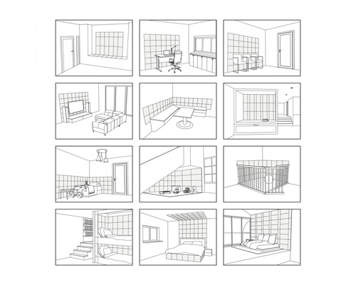 Illustration verschiedener Raumansichten für die Hausplanung