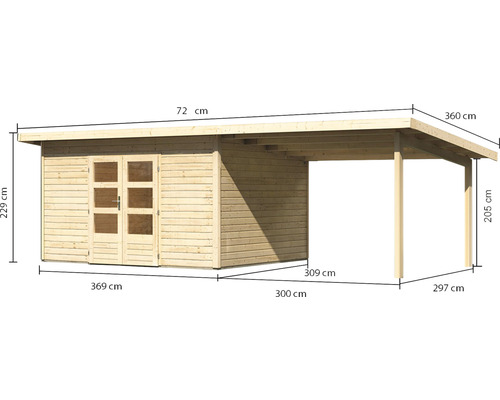 Abmessungen eines Gartenhauses mit Carport aus Holz