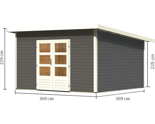 Holzgartenhaus mit Doppeltür und Maßangaben