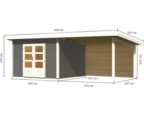 Gartenhaus mit Anbau und Maßangaben