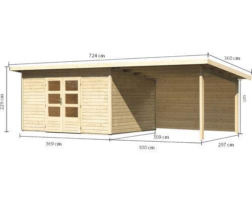 Abmessungen eines Holz Gartenhauses mit Anbau