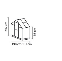 Abbildung der Abmessungen eines Gewächshauses: 207 cm Höhe, 198 cm Breite plus 131 cm Breite und 136 cm Seitenhöhe.
