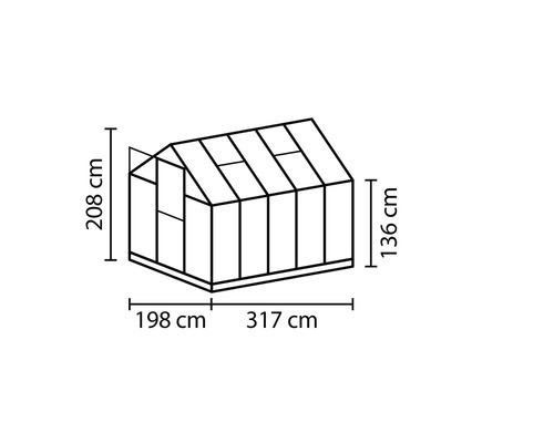 Technische Zeichnung eines Gewächshauses mit Maßangaben in Zentimetern